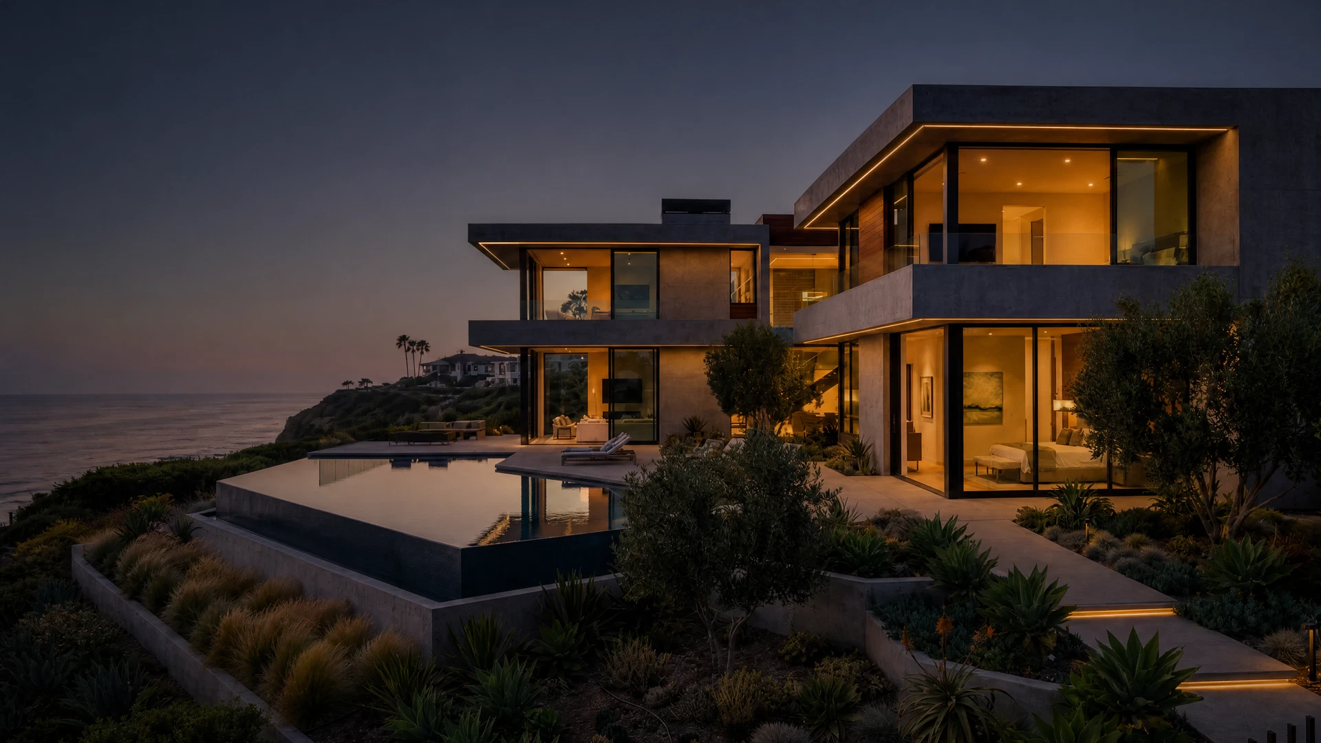 Luxury San Diego home at sunset with ocean views